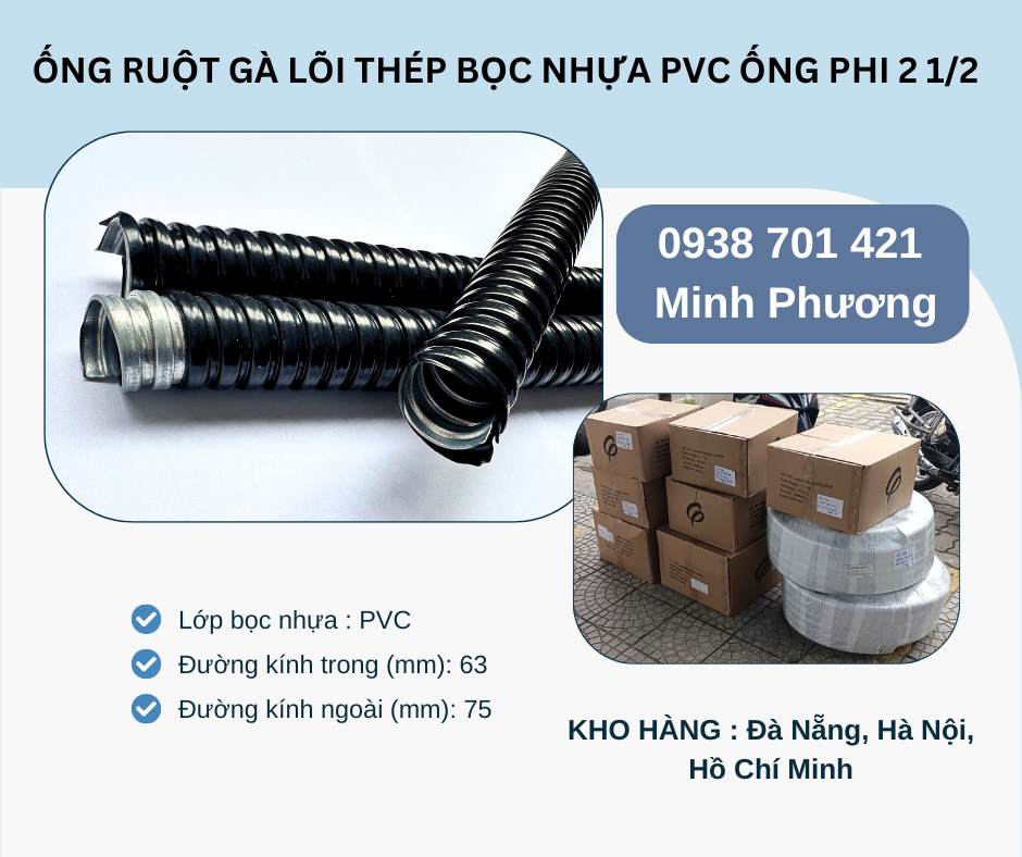 Ống ruột gà lõi thép bọc nhựa Pvc ống phi 2 1/2 có sẵn Đà Nẵng, Hà Nội, Hồ Chí M